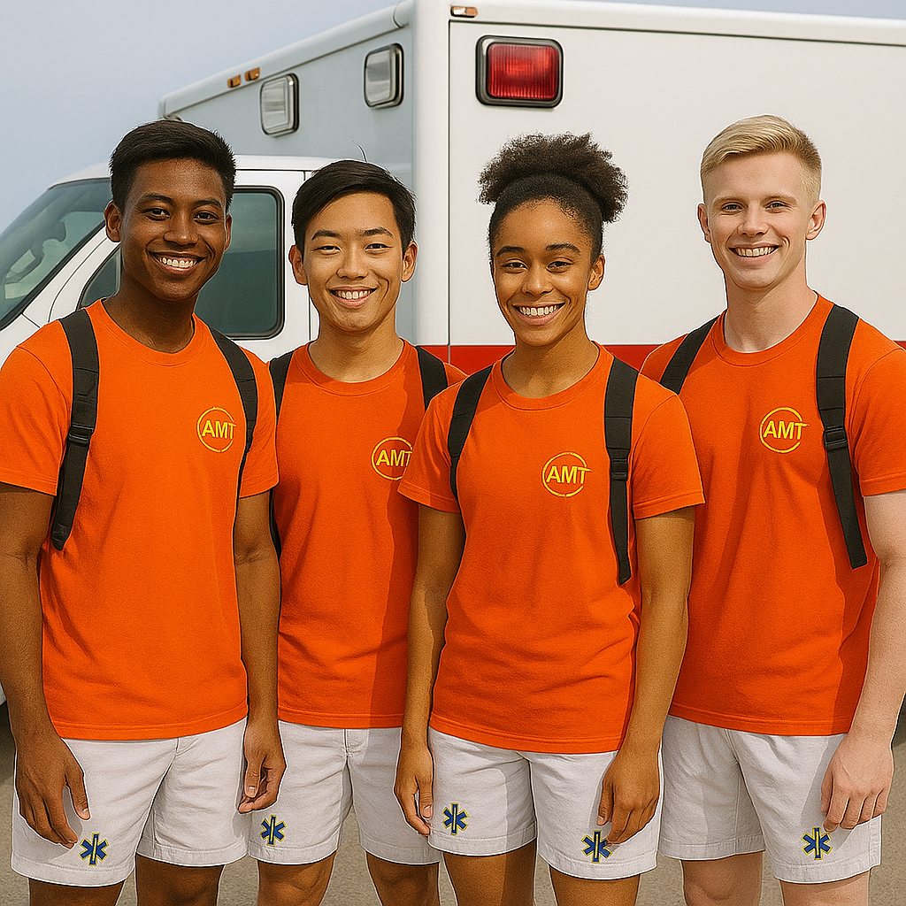 AMT GUYZ crew in orange uniforms beside an ambulance