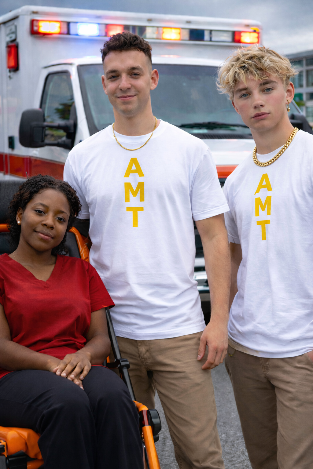 AMT GUYZ attendants with a patient on stretcher chair